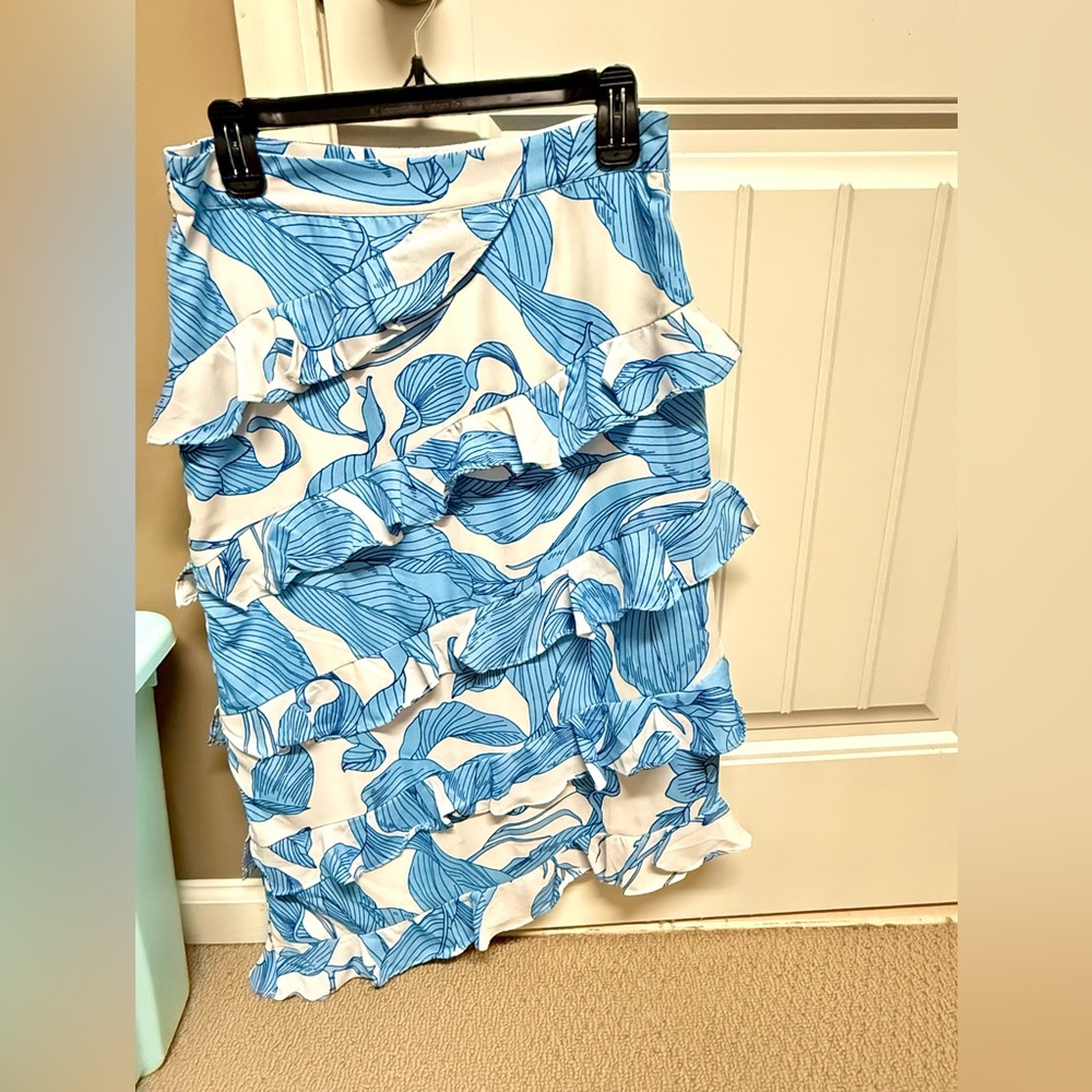 Floral Blue and White Ruffle Skirt NWOT